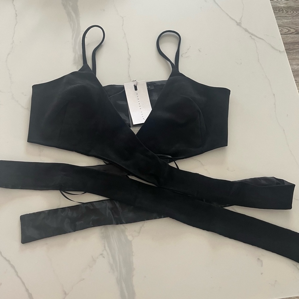 Anthropologie Endless Rose Woman Black Tie Suede Wrap Bralette, Size M